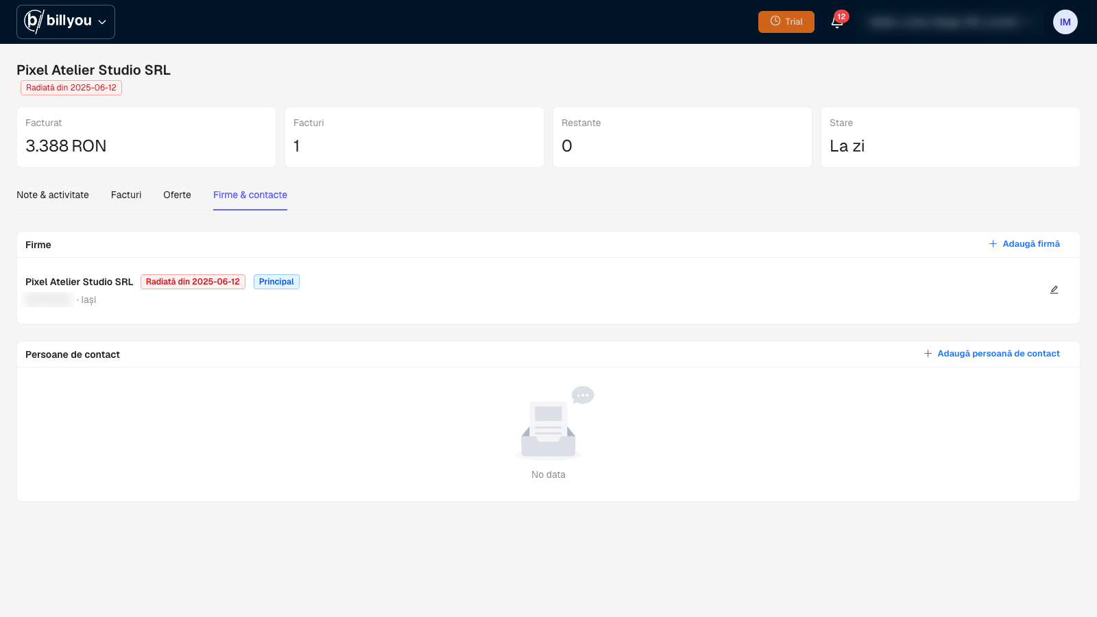 Client marked as struck off by ANAF in the Billyou app