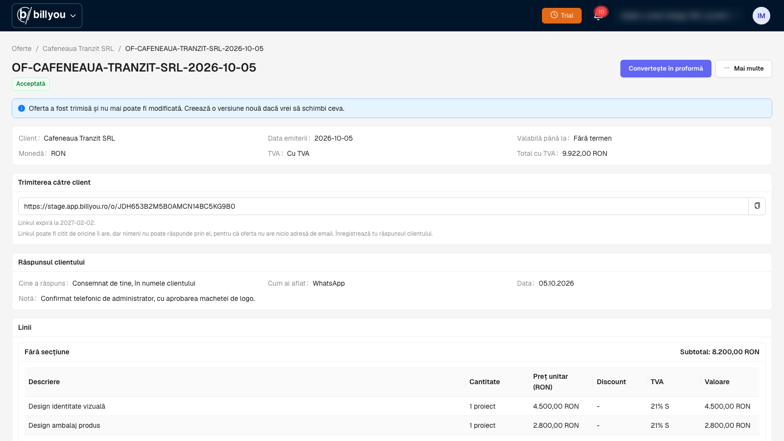 Oferta acceptata in Billyou, cu raspunsul clientului inregistrat si butonul Converteste in proforma