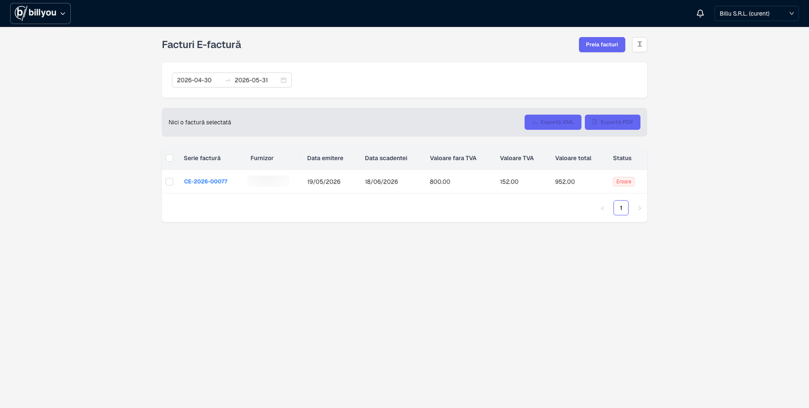 Facturi E-Factura primite din SPV in Billyou